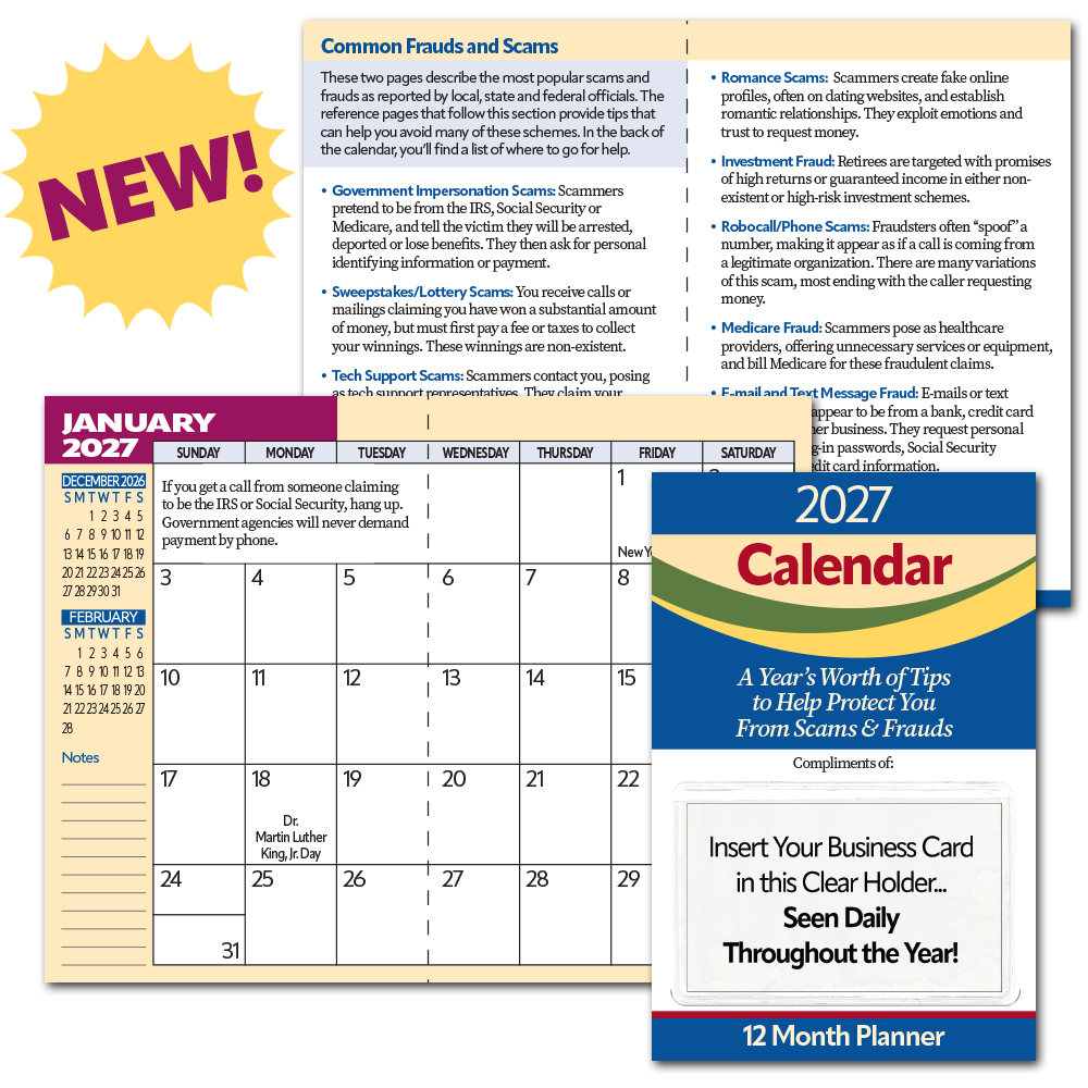 2027 Senior Fraud Prevention Pocket Planner Calendars with FREE Business Card Holders!
