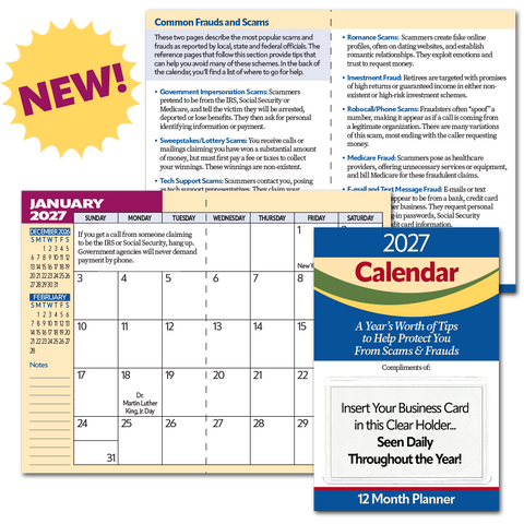 2027 Senior Fraud Prevention Pocket Planner Calendars with FREE Business Card Holders!